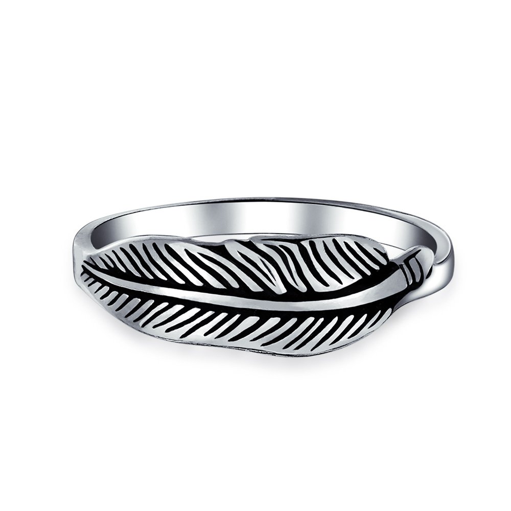 South Western Nature Wrap Boho Feather Leaf Band Ring Western Jewelry For Women Teen Oxidized .925 Sterling Silver Customizable