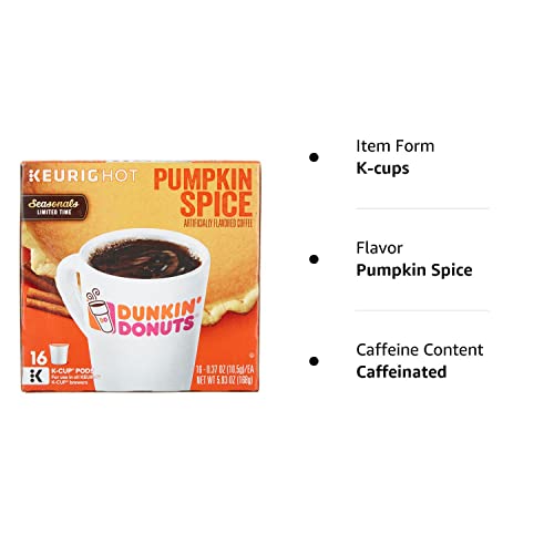 Dunkin Donuts Pumpkin Spice Flavor K-Cups for Keurig Coffee Brewers, 16 Count