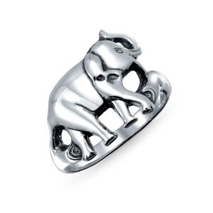 good luck trunk up zoo animal elephant ring for women for teen oxidized .925 sterling silver