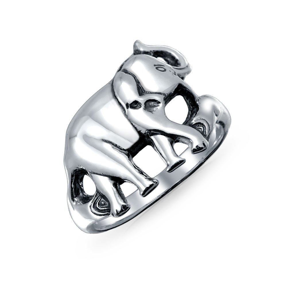 Good Luck Trunk Up Zoo Animal Elephant Ring For Women For Teen Oxidized .925 Sterling Silver