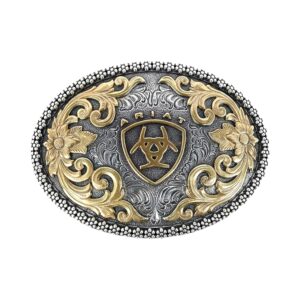 ariat oval buckle with logo, floral scrolls and filigree detail, antique gold and silver finish, 3.75"x 2.75"