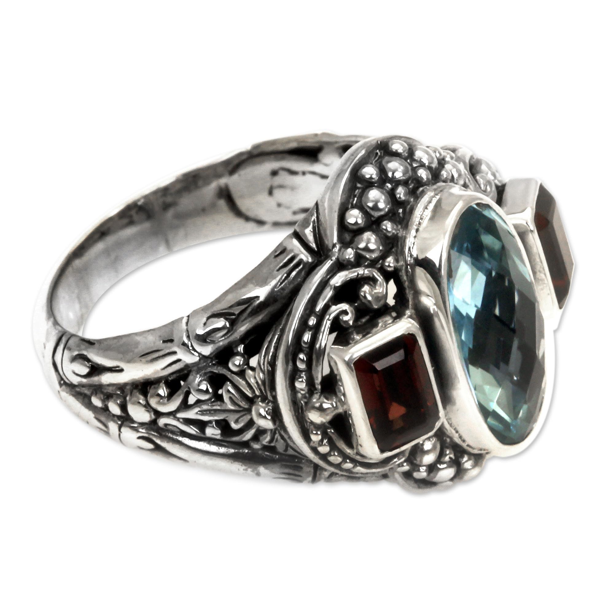 NOVICA Artisan Handmade Blue Topaz Garnet Cocktail Ring Silver from Bali Sterling Red Multi Stone Indonesia Birthstone [crownbezel 0.6 in L x 0.7 in W x 0.4 in H Band Width 4 mm W] ' Limpid Pool'