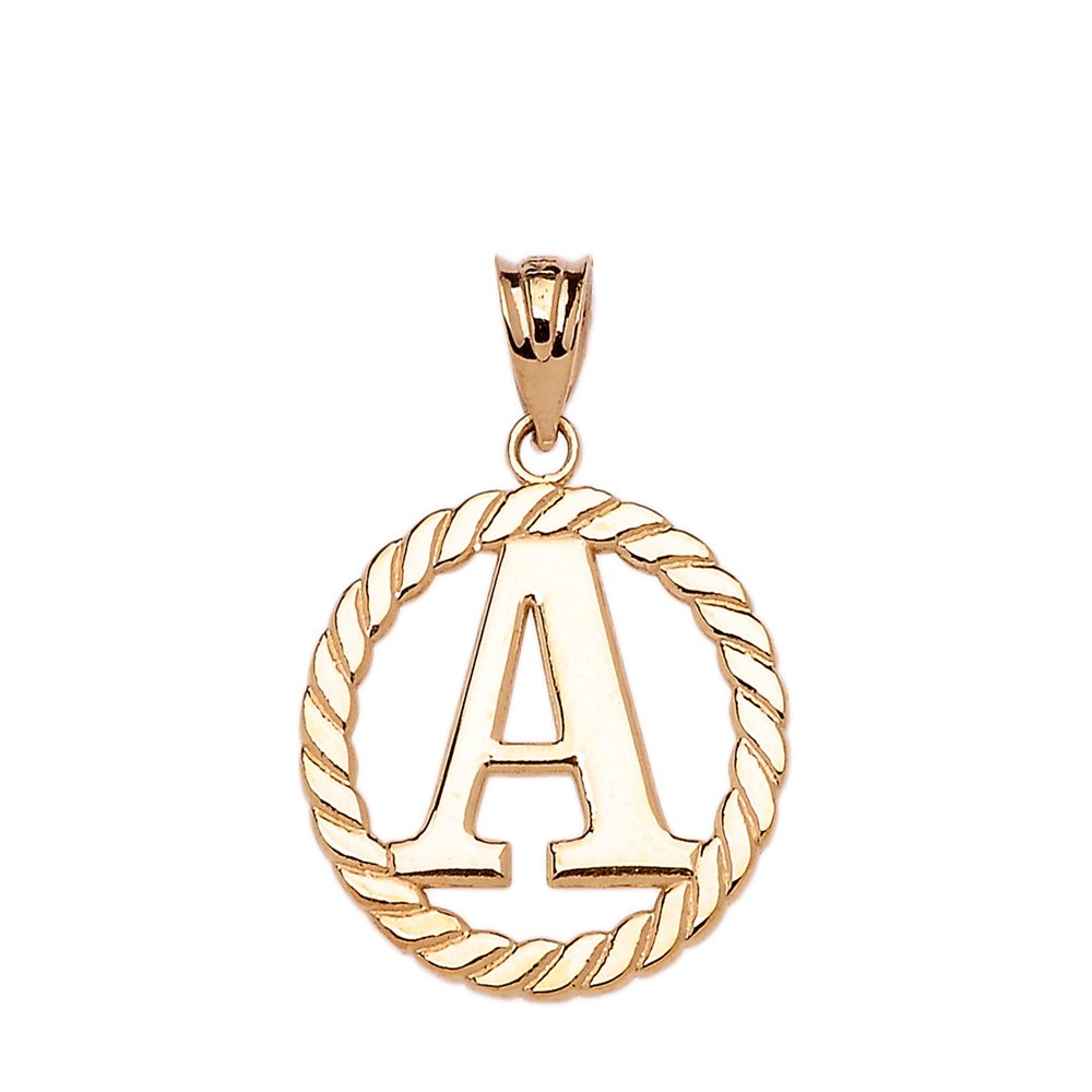 High Polish 14k Yellow Gold Roped Circle "A" Initial Charm Pendant