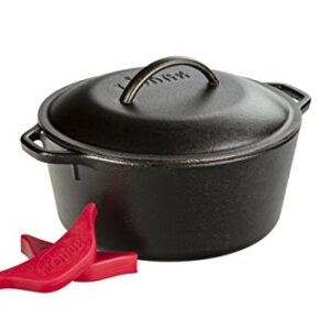 Lodge L8DOL3HH41PLT Cast Iron Dutch Oven with Handle Holders, 5 quart, Black/Red