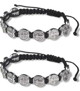 silver tone saint benedict medal on adjustable black cord wrist bracelet, 8 inch, pack of 2