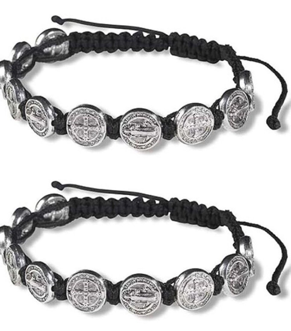 Silver Tone Saint Benedict Medal on Adjustable Black Cord Wrist Bracelet, 8 Inch, Pack of 2