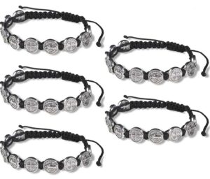 cb silver tone saint benedict medal on adjustable black cord wrist bracelet, 8 inch, pack of 5