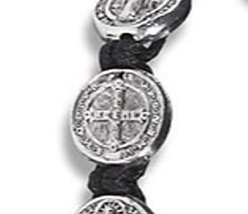 CB Silver Tone Saint Benedict Medal on Adjustable Black Cord Wrist Bracelet, 8 Inch, Pack of 5