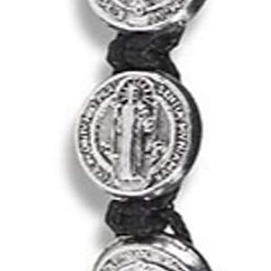 CB Silver Tone Saint Benedict Medal on Adjustable Black Cord Wrist Bracelet, 8 Inch, Pack of 5