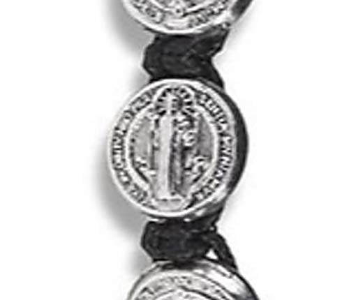 CB Silver Tone Saint Benedict Medal on Adjustable Black Cord Wrist Bracelet, 8 Inch, Pack of 5