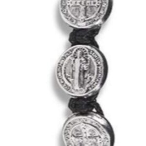 CB Silver Tone Saint Benedict Medal on Adjustable Black Cord Wrist Bracelet, 8 Inch, Pack of 5