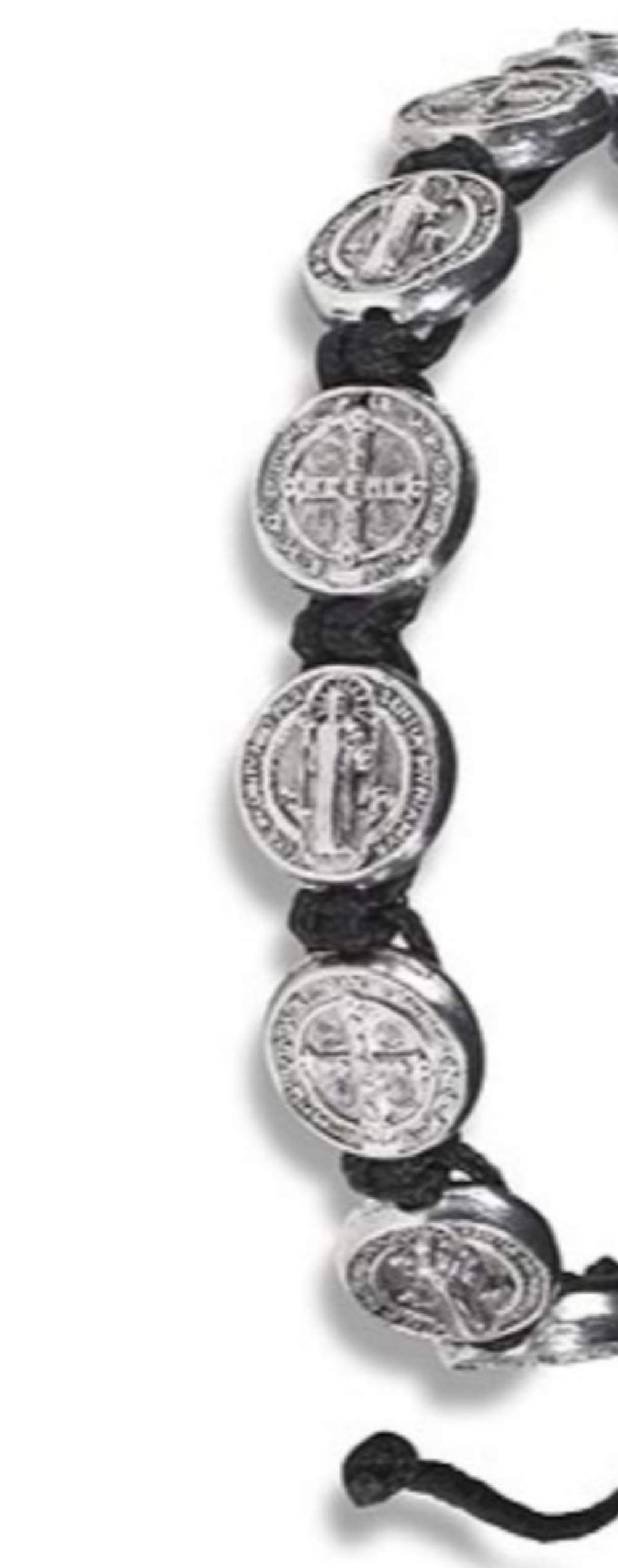 CB Silver Tone Saint Benedict Medal on Adjustable Black Cord Wrist Bracelet, 8 Inch, Pack of 5