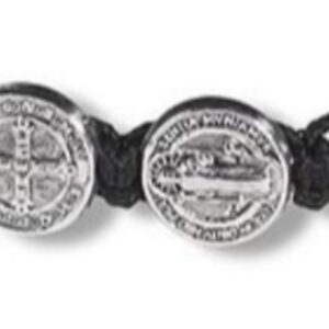 CB Silver Tone Saint Benedict Medal on Adjustable Black Cord Wrist Bracelet, 8 Inch, Pack of 5