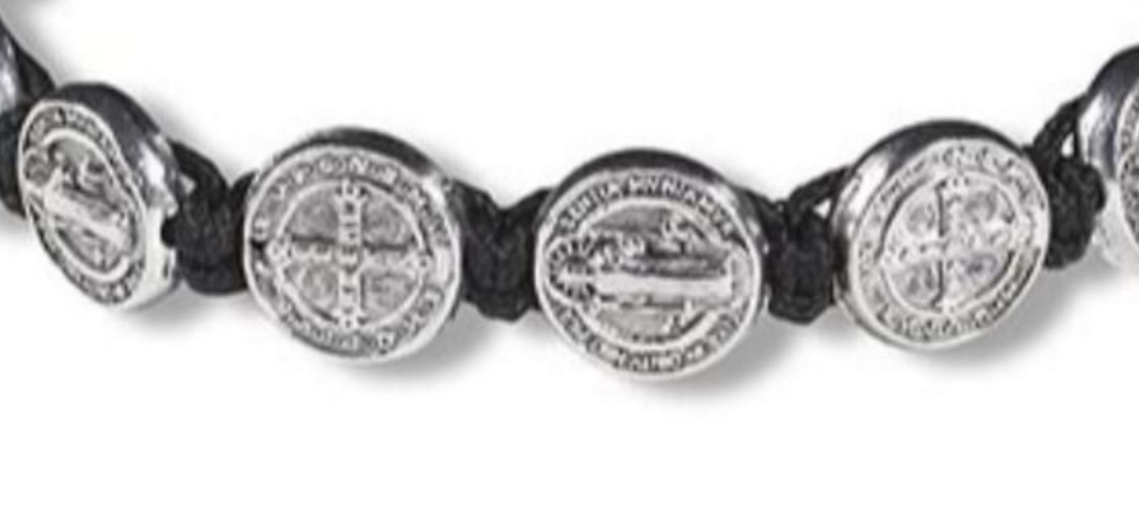 CB Silver Tone Saint Benedict Medal on Adjustable Black Cord Wrist Bracelet, 8 Inch, Pack of 5