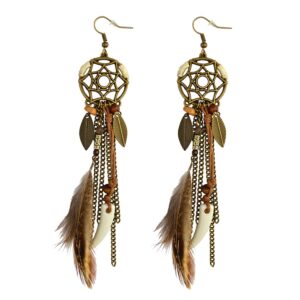 punk vintage long tassel feather beads drop wolf tooth pendant earring fish hook earrings (brown a)