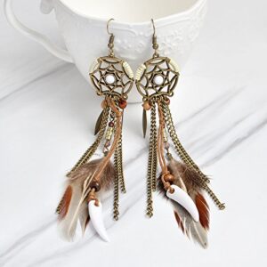 Punk Vintage Long Tassel Feather Beads Drop Wolf Tooth Pendant Earring Fish Hook Earrings (Brown A)