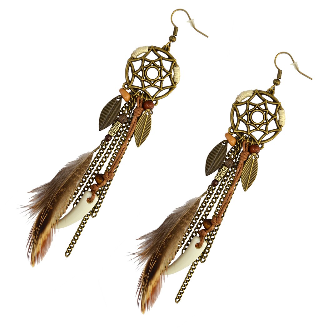 Punk Vintage Long Tassel Feather Beads Drop Wolf Tooth Pendant Earring Fish Hook Earrings (Brown A)