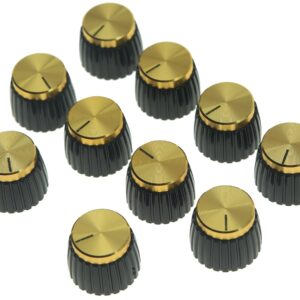 KAISH 10pcs Guitar AMP Amplifier Push on fit Knobs Black with Gold Aluminum Cap Top Fits 6mm diameter Pots Marshall Amplifiers