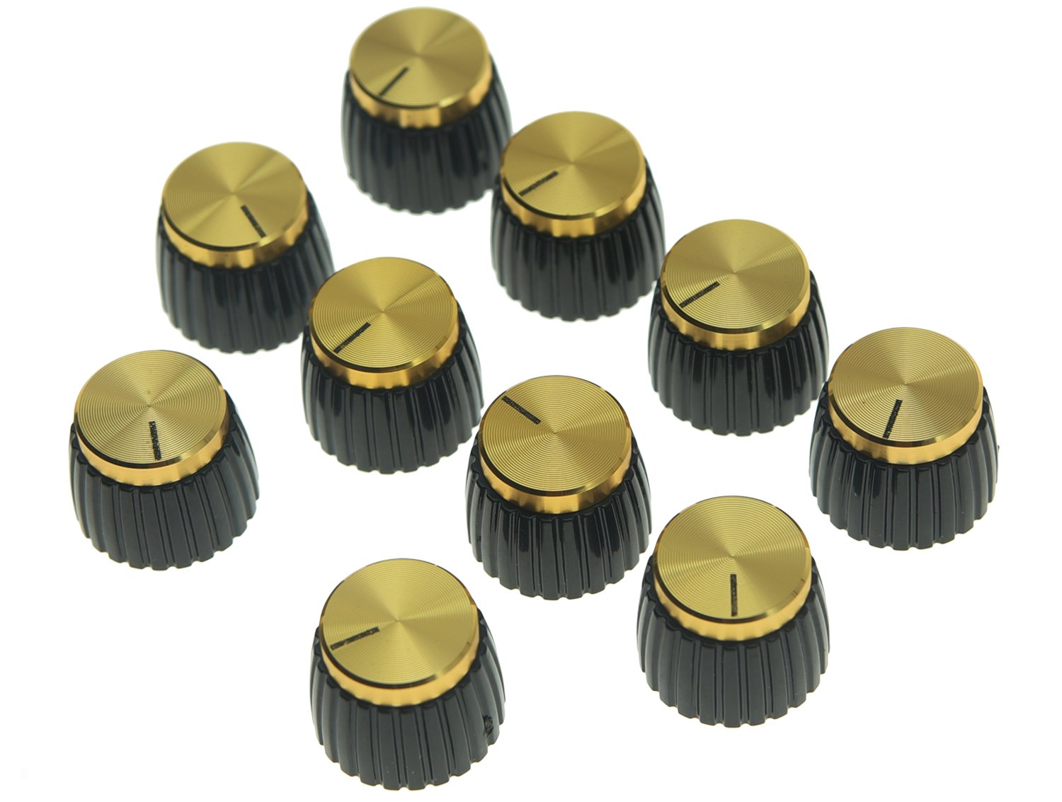 KAISH 10pcs Guitar AMP Amplifier Push on fit Knobs Black with Gold Aluminum Cap Top Fits 6mm diameter Pots Marshall Amplifiers