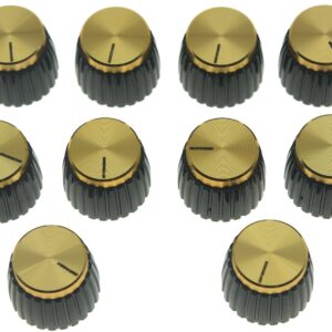 KAISH 10pcs Guitar AMP Amplifier Push on fit Knobs Black with Gold Aluminum Cap Top Fits 6mm diameter Pots Marshall Amplifiers