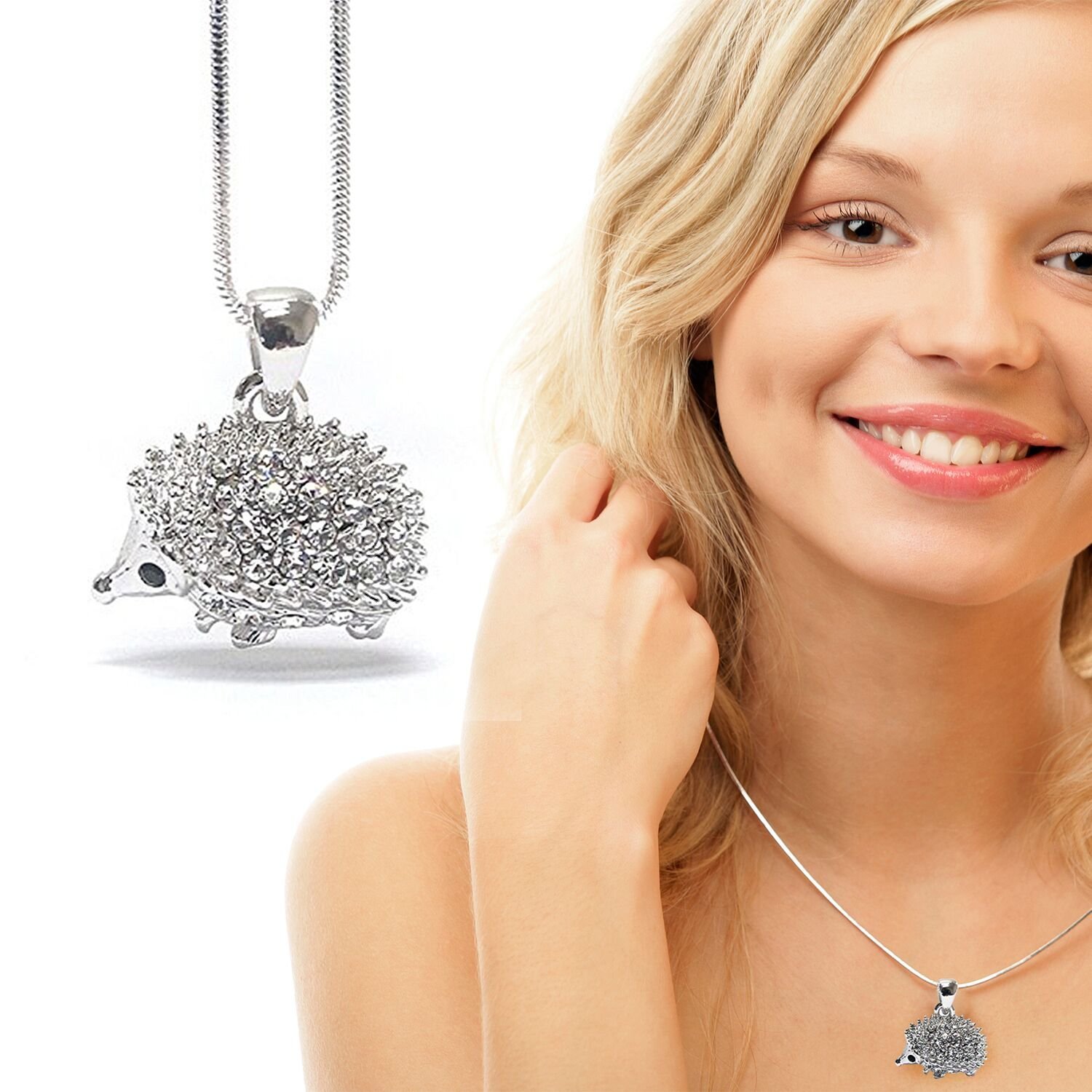 Lola Bella Gifts Crystal Hedgehog Fashion Necklace with Gift Box (Silver-tone)