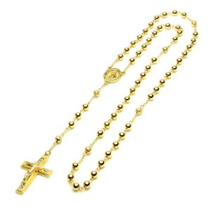 metaltree98 14k Gold Plated 6mm Bead Guadalupe & Jesus Cross 28" Rosary Necklace HR 600 G