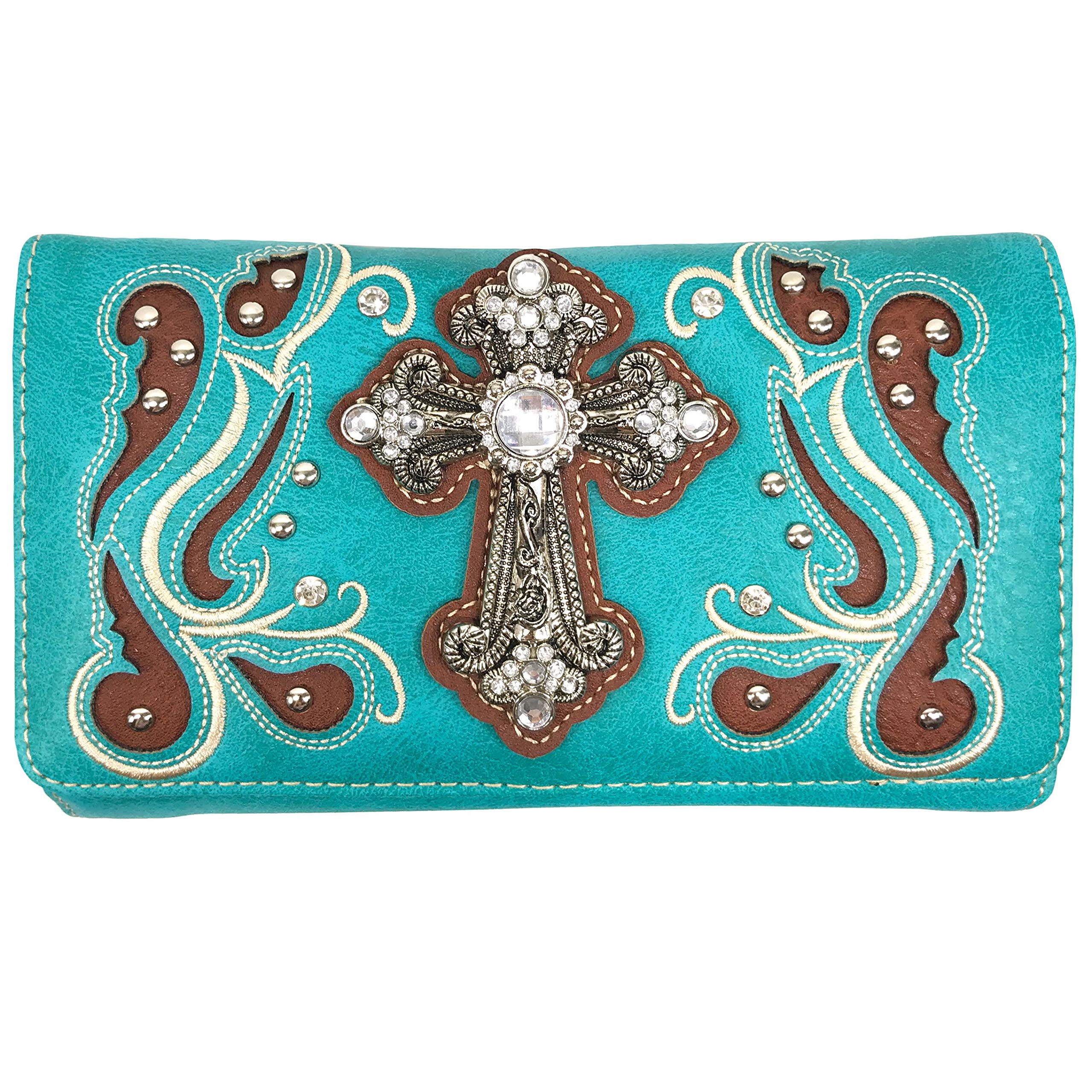 Justin West Tooled Leather Laser Cut Rhinestone Cross Studded Shoulder Concealed Carry Tote Style Handbag Purse (Turquoise Trifold Wallet)