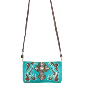 Justin West Tooled Leather Laser Cut Rhinestone Cross Studded Shoulder Concealed Carry Tote Style Handbag Purse (Turquoise Trifold Wallet)