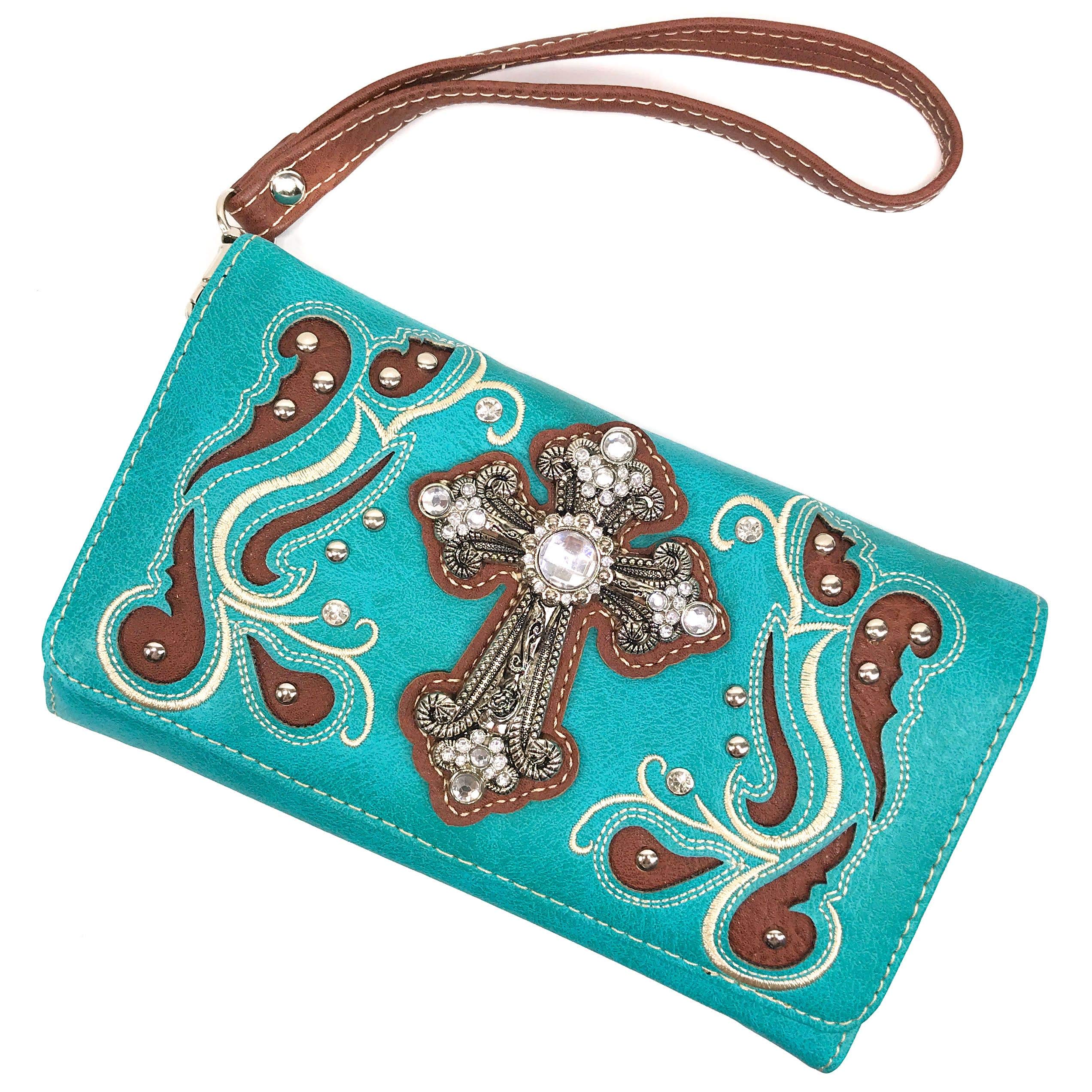 Justin West Tooled Leather Laser Cut Rhinestone Cross Studded Shoulder Concealed Carry Tote Style Handbag Purse (Turquoise Trifold Wallet)