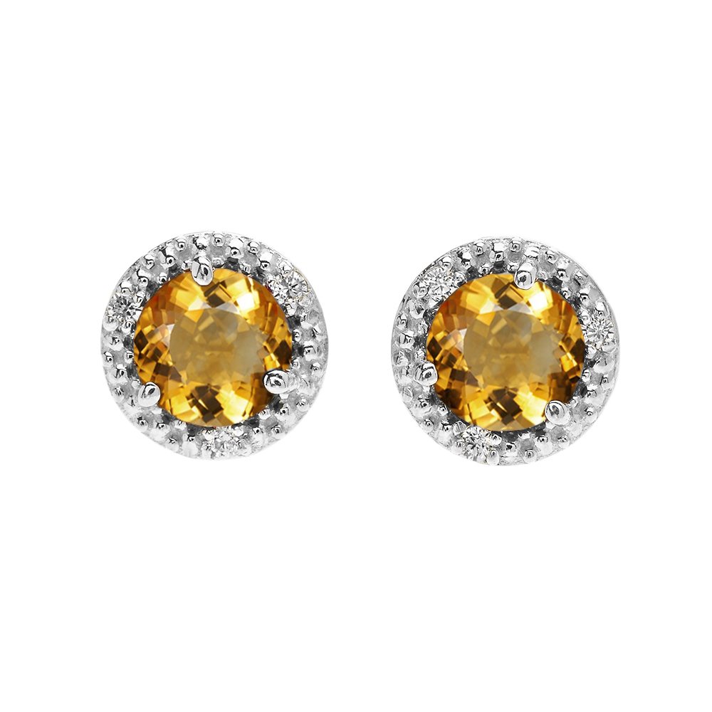 Halo Stud Earrings in 14K White Gold with Solitaire Citrine and Diamonds