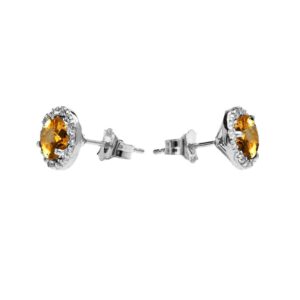 Halo Stud Earrings in 14K White Gold with Solitaire Citrine and Diamonds