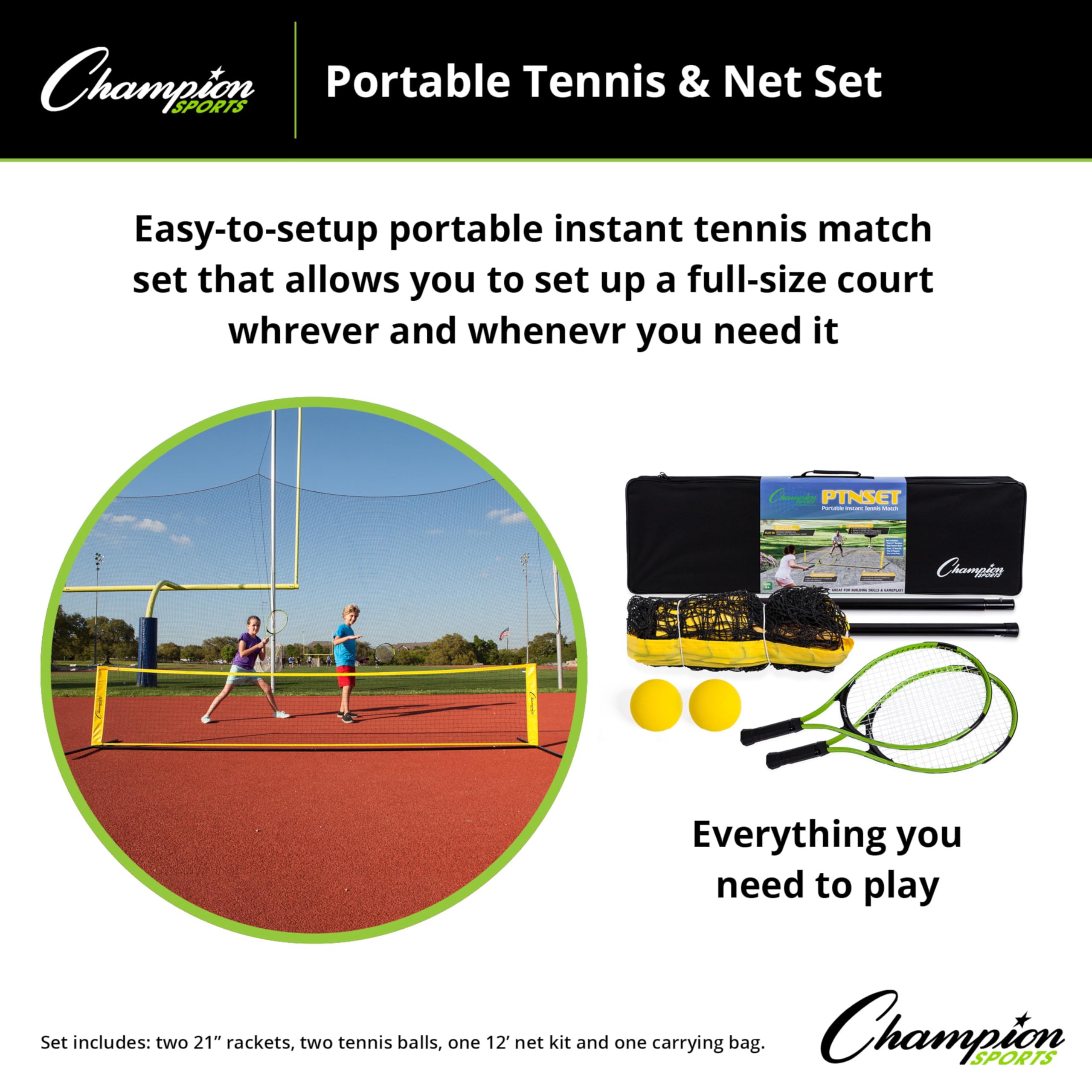 Champion Sports Portable Tennis Game: Racket, Ball and Net Set for 2 Players - 12 feet