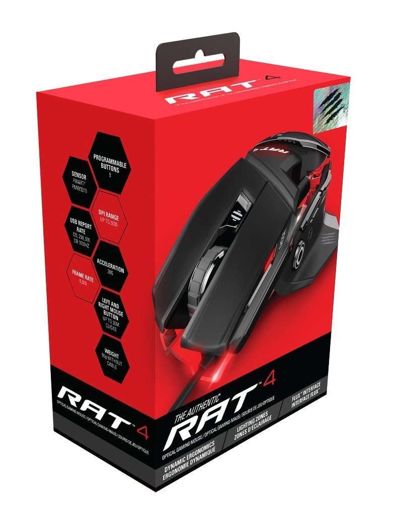 Mad Catz RAT4 Wired Optical USB LED RGB Mouse with 9 Programmable Buttons, Adjustable - Black