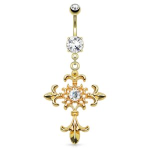 Dynamique Fleur De Lis Cross with Centered Clear Gem Dangle 14Kt Gold Plated Belly Button Ring