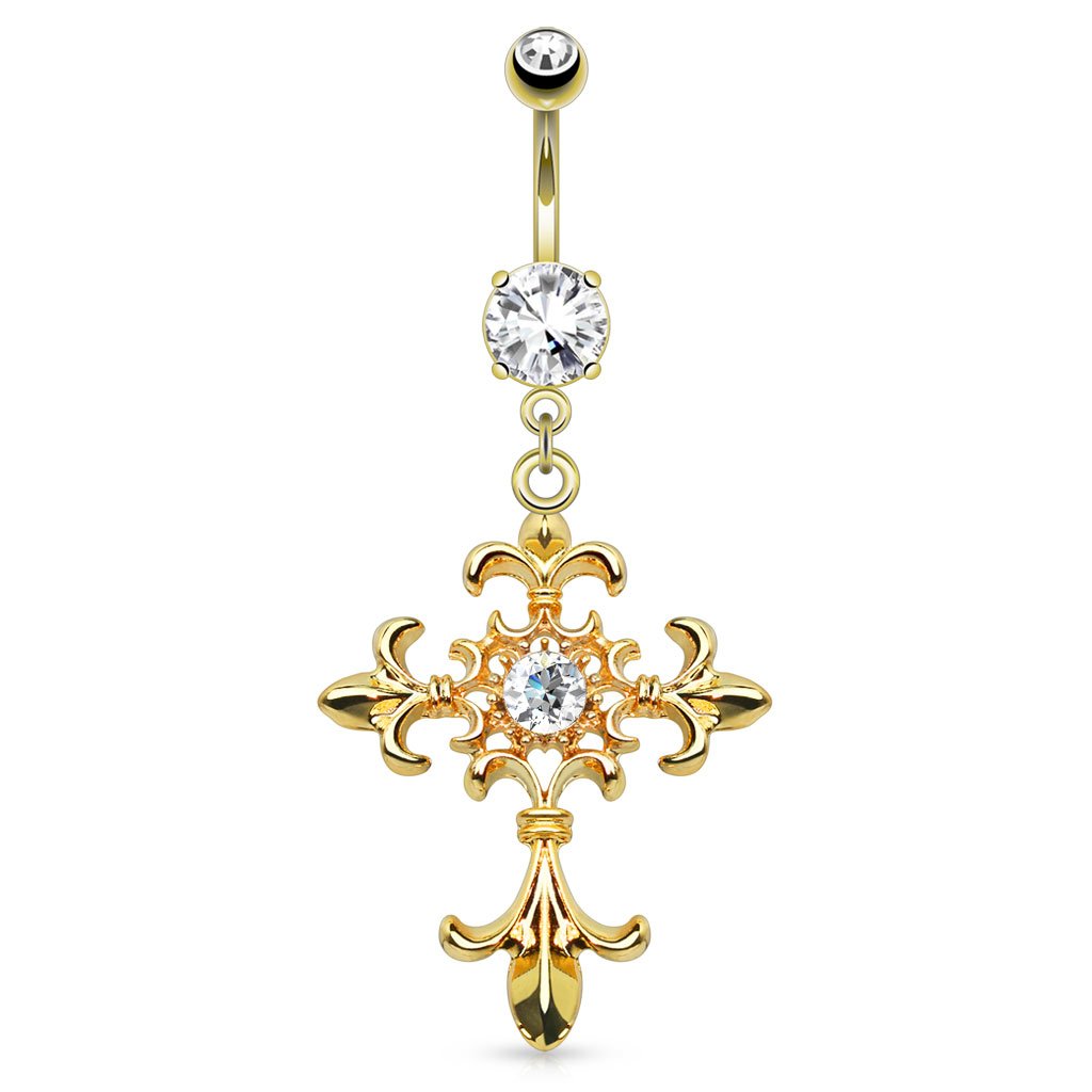 Dynamique Fleur De Lis Cross with Centered Clear Gem Dangle 14Kt Gold Plated Belly Button Ring