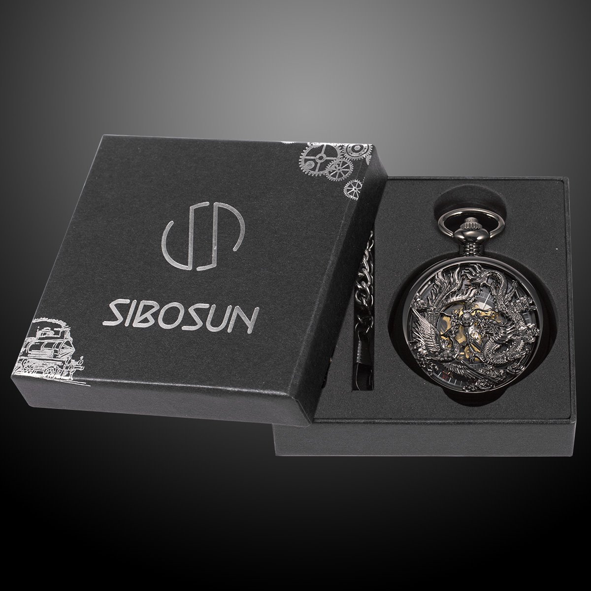 SIBOSUN Mechanical Pocket Watches Mens Lucky Phoenix and Dragon Skeleton Pocket Watch Black Antique Roman Numerals Box