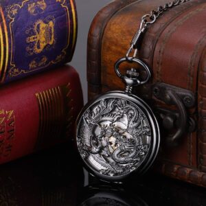 SIBOSUN Mechanical Pocket Watches Mens Lucky Phoenix and Dragon Skeleton Pocket Watch Black Antique Roman Numerals Box