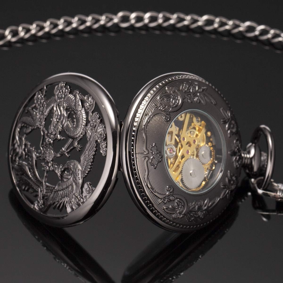 SIBOSUN Mechanical Pocket Watches Mens Lucky Phoenix and Dragon Skeleton Pocket Watch Black Antique Roman Numerals Box