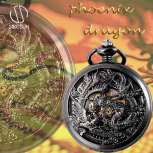 SIBOSUN Mechanical Pocket Watches Mens Lucky Phoenix and Dragon Skeleton Pocket Watch Black Antique Roman Numerals Box