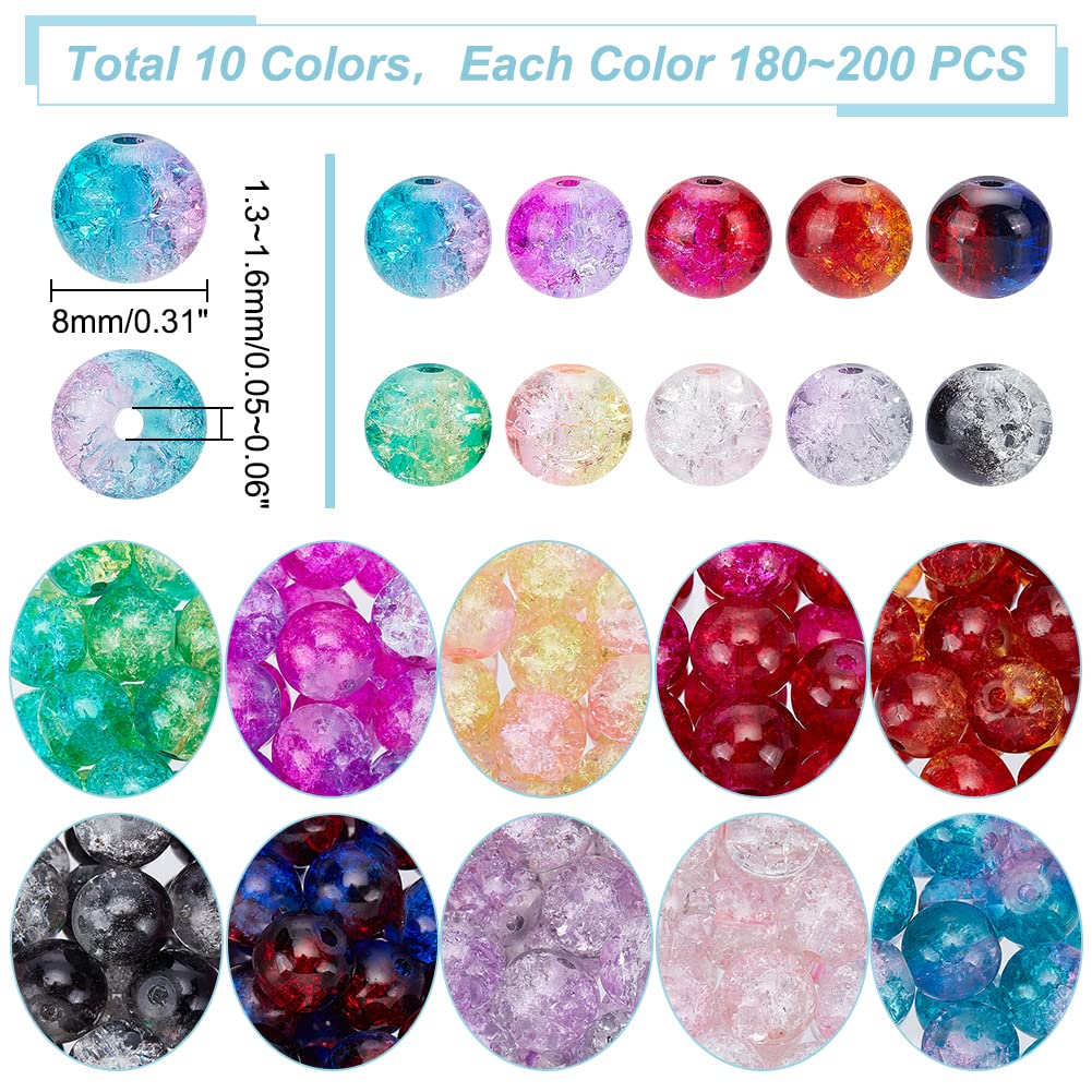 PH PandaHall 200pcs 8mm Glass Crackle Beads, 10 Color Round Beads for Jewelry Making, Bracelet Beads, Christmas Tree Ornament Beading, Mother's Day Gift