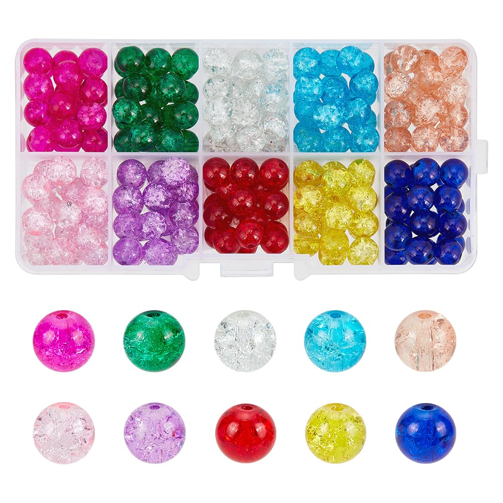 PH PandaHall 200pcs 8mm Crackle Glass Beads 10 Color Glass Round Beads Crystal Loose Beads for Beading Friendship Bracelet Mother's Day Jewelry Making Christmas Tree Ornament