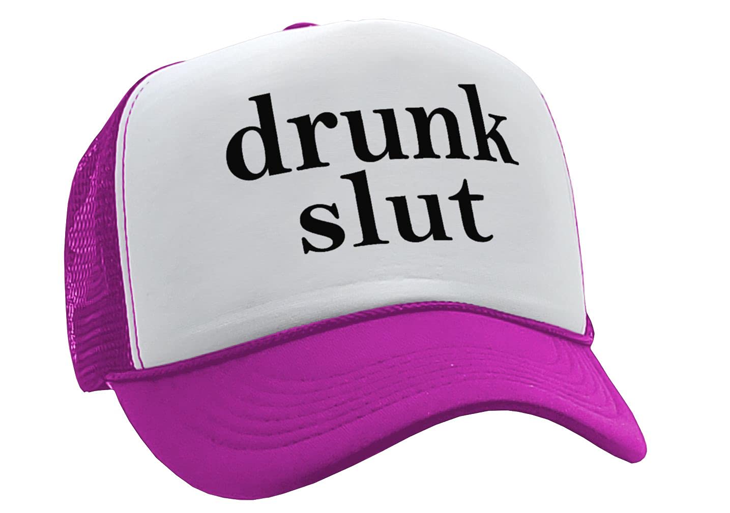 Drunk Slut - Party frat College Beer Drink - Vintage Retro Style Trucker Cap Hat (Neon Pink)