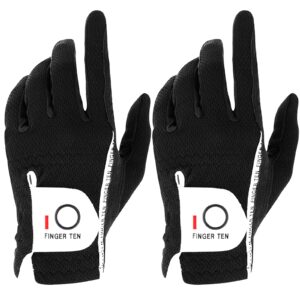 finger ten men's golf gloves for right left handed golfer rain grip value 2 pack, golf glove for left or right hand hot wet weather no sweat black gray white blue (black, x-large-worn on left hand)