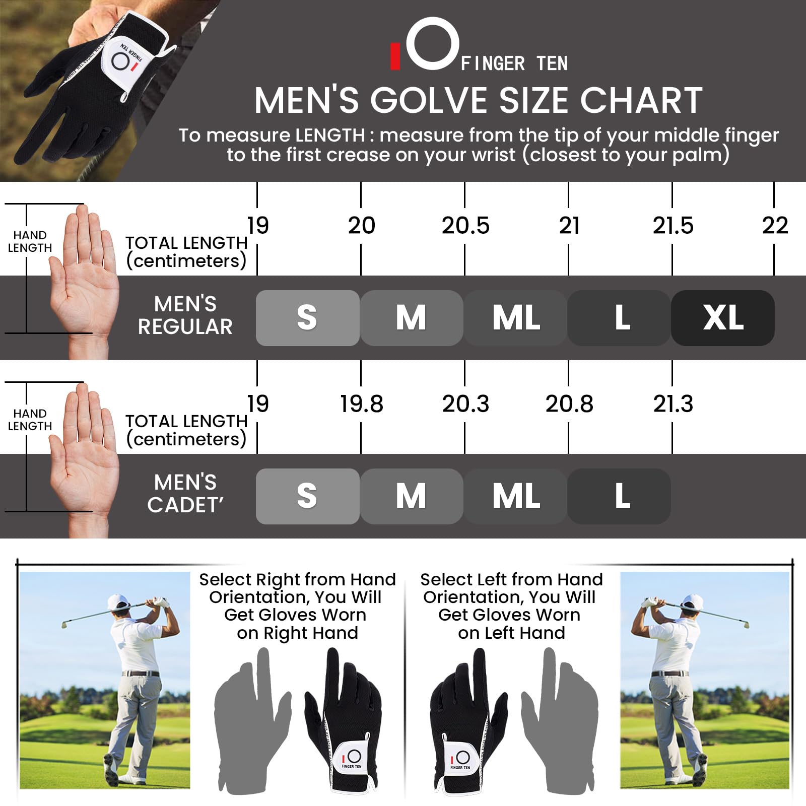 FINGER TEN Men's Golf Gloves for Right Left Handed Golfer Rain Grip Value 2 Pack, Golf Glove for Left or Right Hand Hot Wet Weather No Sweat Black Gray White Blue (Black, X-Large-Worn on Left Hand)