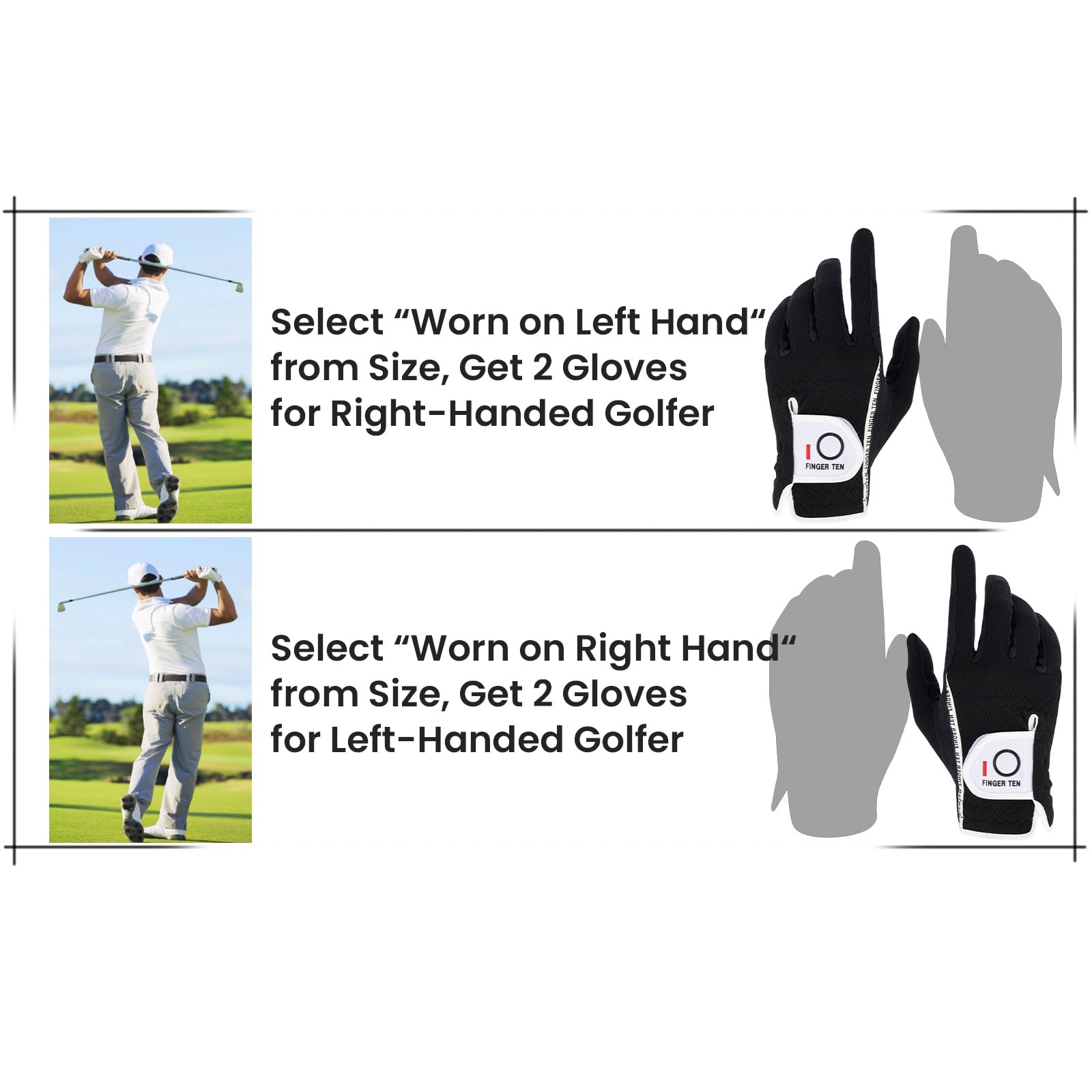 FINGER TEN Men's Golf Gloves for Right Left Handed Golfer Rain Grip Value 2 Pack, Golf Glove for Left or Right Hand Hot Wet Weather No Sweat Black Gray White Blue (Black, X-Large-Worn on Left Hand)