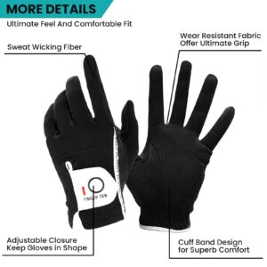 FINGER TEN Men's Golf Gloves for Right Left Handed Golfer Rain Grip Value 2 Pack, Golf Glove for Left or Right Hand Hot Wet Weather No Sweat Black Gray White Blue (Black, X-Large-Worn on Left Hand)