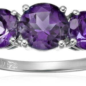 Sterling Silver African Amethyst and Diamond Accented 3-stone Engagement Ring, Size 7