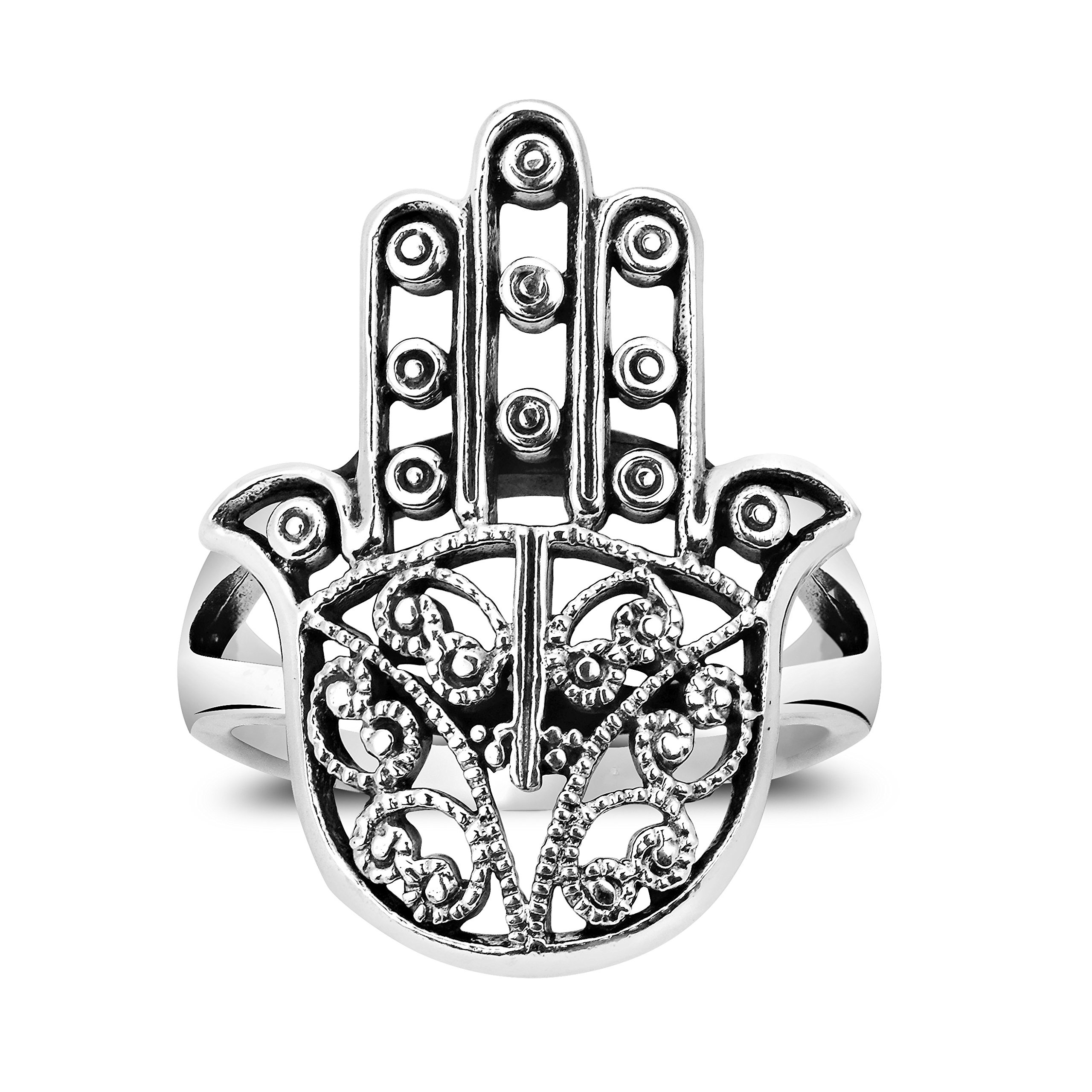 AeraVida Delicate Henna Hand of Hamsa .925 Sterling Silver Ring | Wedding Rings For Women | Boho-inspired Comfort Fit Silver Rings for Women | Sterling Silver Rings Sizes (9)