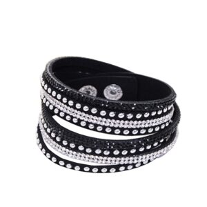 kuiyai wrap leather bracelet with bling bling crystal rhinestones and snap buttons (black)