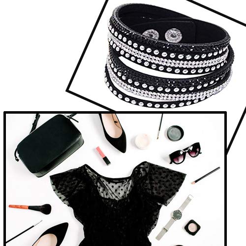 KUIYAI Wrap Leather Bracelet with Bling Bling Crystal Rhinestones and Snap buttons (Black)